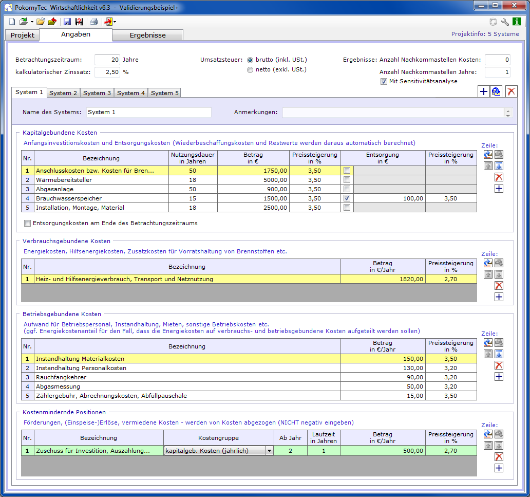Screenshot der Eingabe der Daten in Pokornytec-Wirtschaftlichkeit