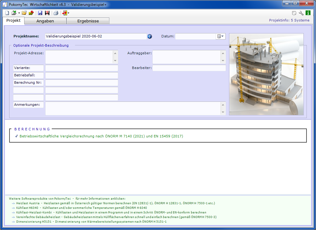 Screenshot von der Eingabe von Projektdaten in PokornyTec-Wirtschaftlichkeit