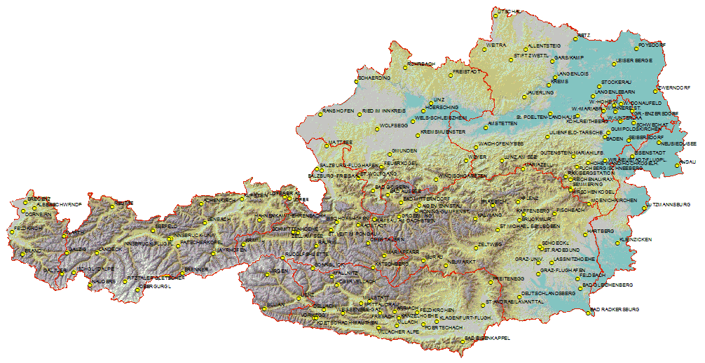 154 Messstationen für Klimadaten auf einer Landkarte von Österreich Klimadaten Kühllast und sommerliche Temperaturen