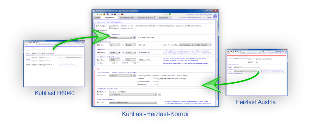 Zusammenhand zwischen der Software Kühllast-Heizlast-Kombi und Kühllast H6040 bzw. Heizlast Austria: Alle Funktionen aus beiden Produkten sind enthalten Zusammenhand zwischen der Software Kühllast-Heizlast-Kombi und Kühllast H6040 bzw. Heizlast Austria: Alle Funktionen aus beiden Produkten sind enthalten