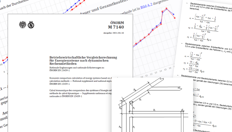 Deckblatt und Inhalt von ÖNORMEN und EN zu Haustechnik und Bauphysik 