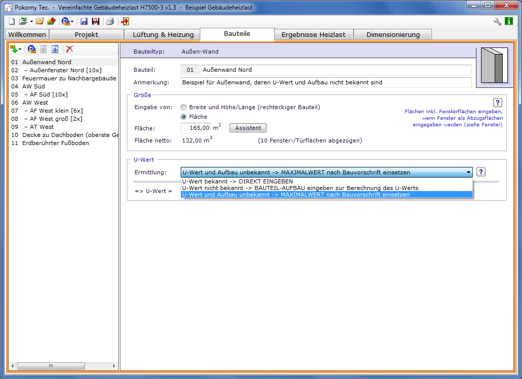Screenshot mit Bauteileingabe, Auswahl ob U-Wert direkt eingegeben, berechnet oder nach Bauvorschrift