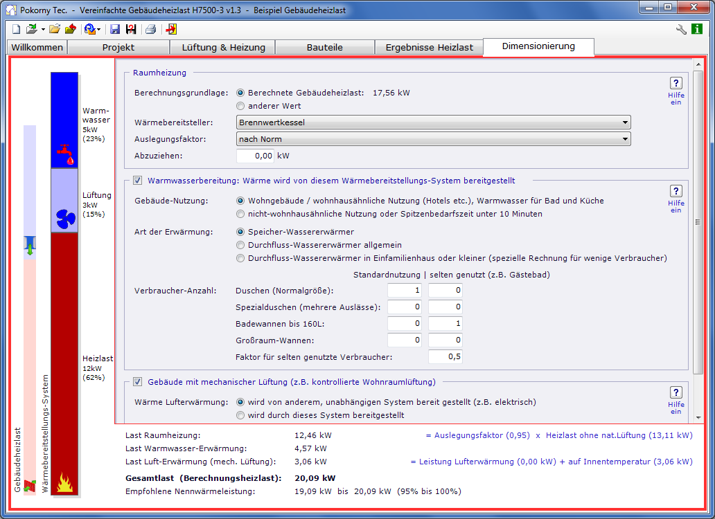 Screenshot der Dimensionierung von Heizkesseln, Wärmepumpen, Fernwärme