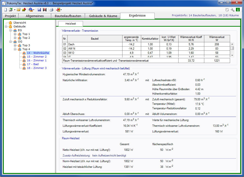 Screenshot von den Heizlast-Ergebnissen eines Raums in Heizlast Austria