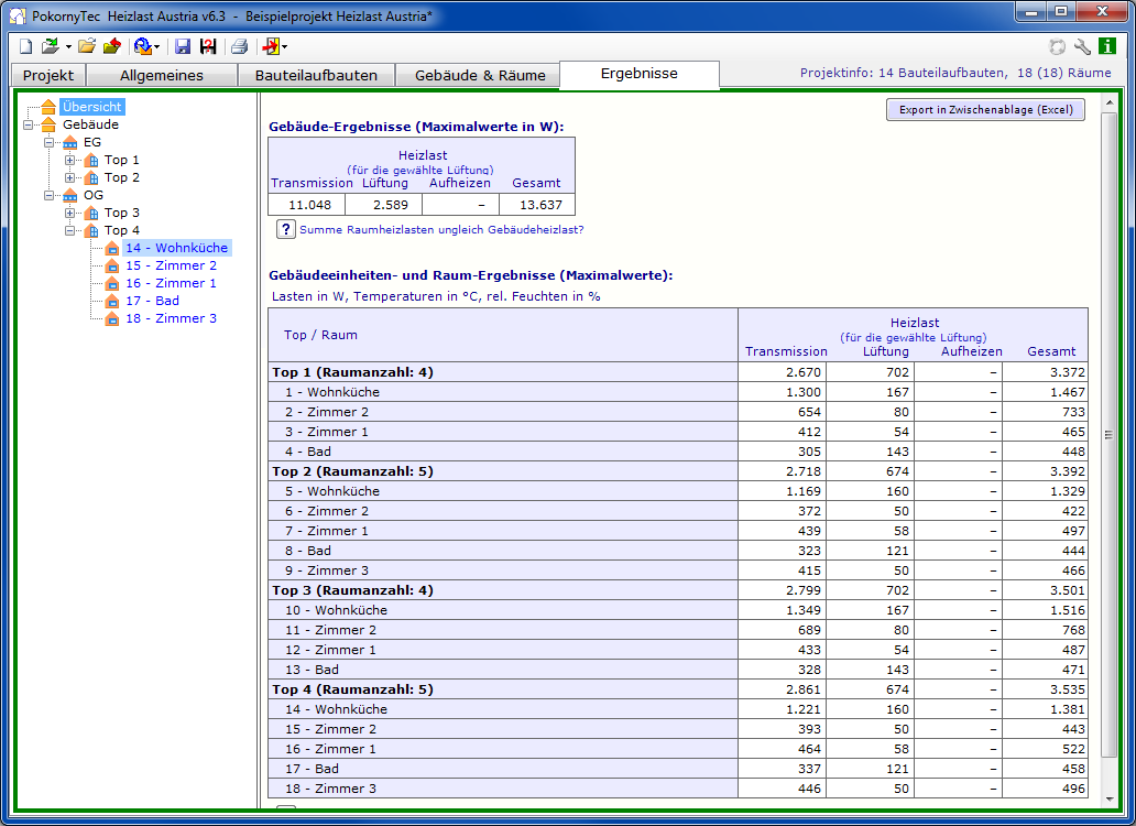 Screenshot von der Heizlast-Ergebnisübersicht in Heizlast Austria