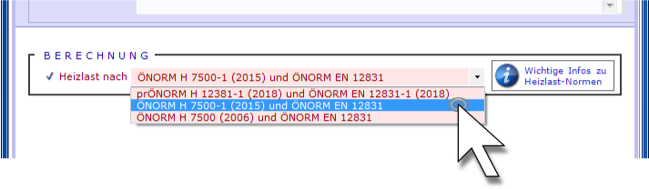 Normenauswahl mit Mauszeiger aus 3 Heizlastnormen, ideal für Sachverständige in Heizlast Austria PokornyTec Heizlast Austria: Heizlastnorm-Auswahl für Sachverständige