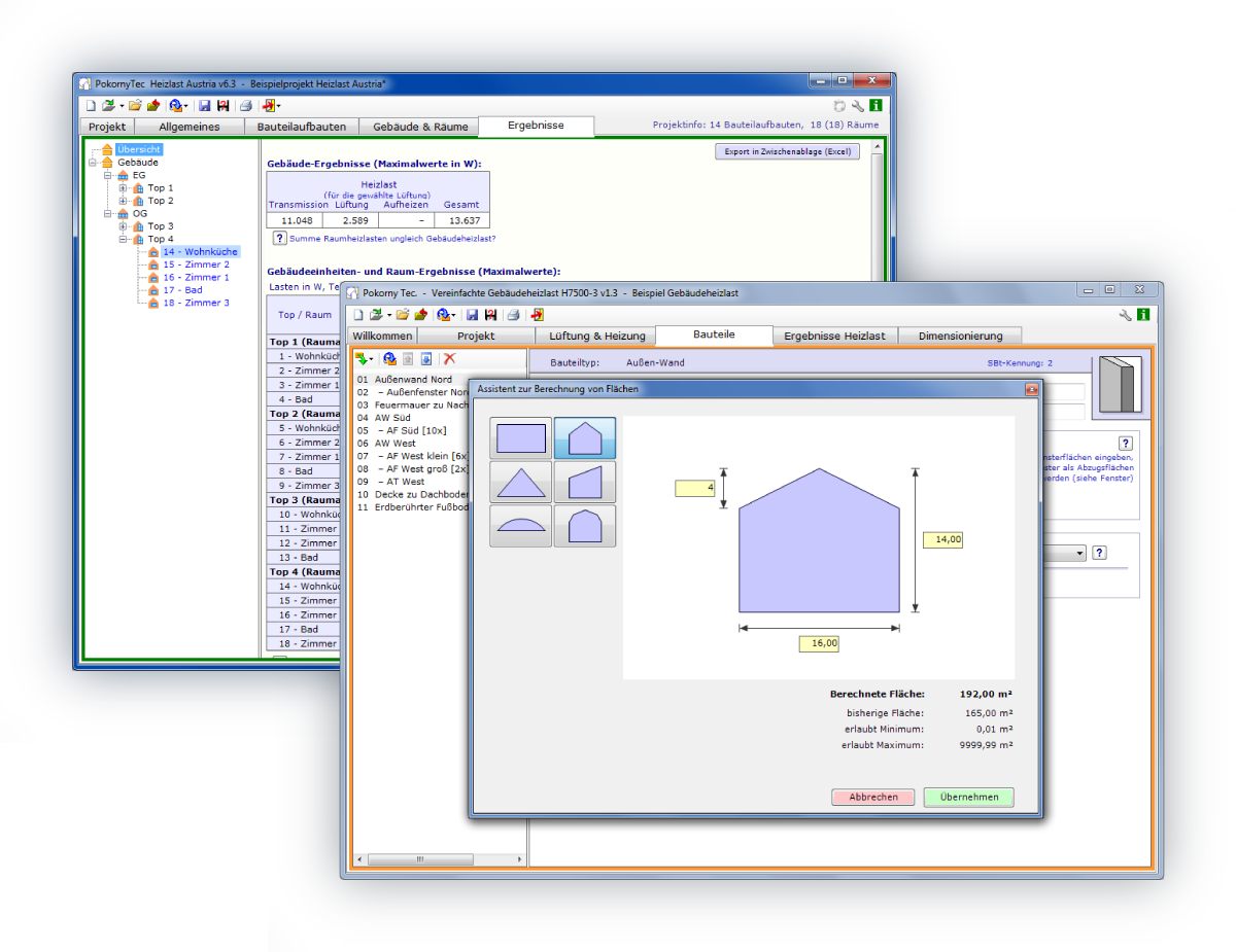 Screenshots von den beiden PokornyTec-Heizlastsoftwareprodukten im Softwarebundle Heizlast-Softwarebundle