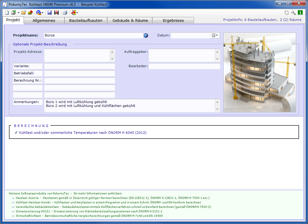 Screenshot von der Eingabe der Projektdaten in PokornyTec Kühllast H6040