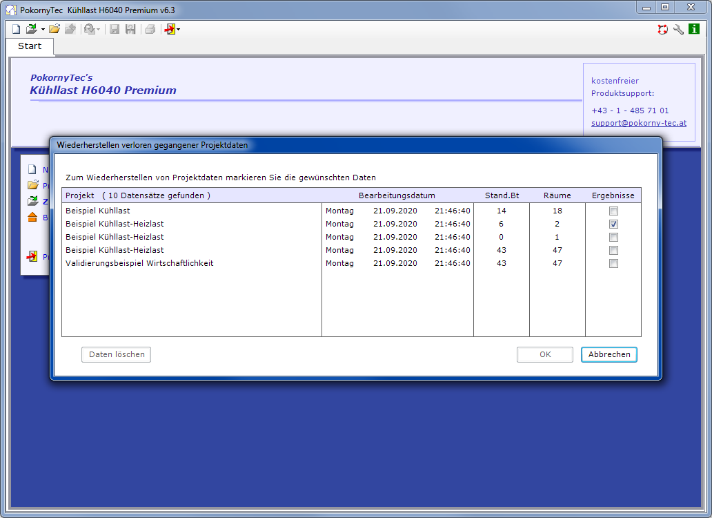 Pokornytec Kühllast H6040 Wiederherstellung irrtümlich nicht gespeicherter Projektstände