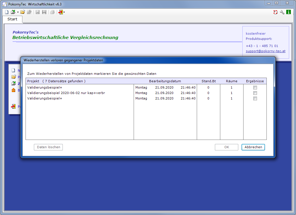 Screenshot vom Tool zur Wiederherstellung irrtümlich nicht gespeicherter Projektstände in PokornyTec-Wirtschaftlichkeit